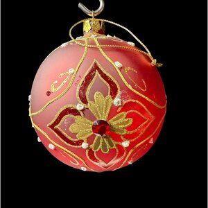 Set Of 5 Red Glass Christmas Ornaments Balls Gold & Glitter Floral & Gem Accents